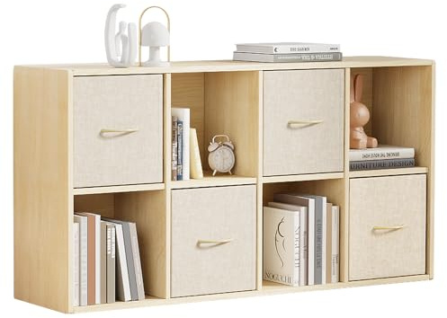 8 Cube Storage Organizer - Solid Wood Bookshelf with 4 Storage Bins, Cube Shelf with 2 Removable Back Panels, Vertical or Horizontal Bookcase, Open Book Shelf for Bedroom, Living Room, Office