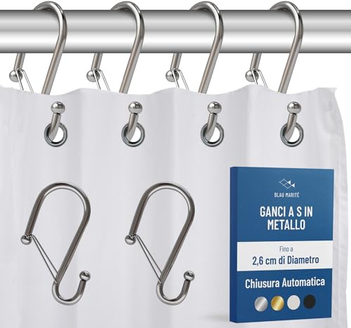 Blau Marité 12 ganci in metallo a forma di S per tenda doccia, con chiusura di sicurezza, anelli per bagno, Argento, compatibili con barre fino a 2,6 cm