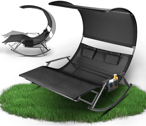 Jaxguom Doppelliege Outdoor, doppel Schaukelliege bis 250 kg, sonnenliege für 2 Personen,mit Sonnendach,Tasche, Atmungsaktives Gewebe, Vielseitige Farbwahl für Garten, Balkon,Terrasse(Schwarz)