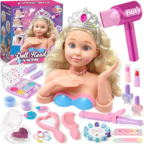 G.C Styling Head Doll for Kids Hairdressing Set with Toy Hairdryer Girls Make up Peelable Nail Polish Mirror, Girls Gifts Birthday Role Play Toys for Girl 4 5 6 Year Old
