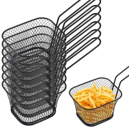 12 cestini per patatine fritte: piccoli cestini in acciaio inox color argento, per patatine fritte, cestini con manico, cestino per patatine fritte, anelli di cipolla, pepite di pollo, nero