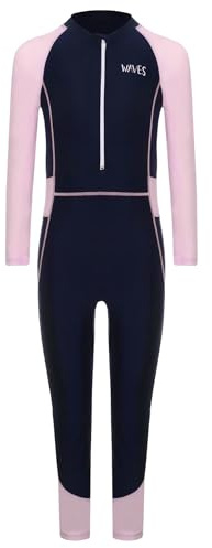 Mufeng Maillot de Bain Une Pieces pour Fille Anti-UV Manches Longues Zippé Combinaison de Natation Surf Rashguard Rose 9-10 Ans