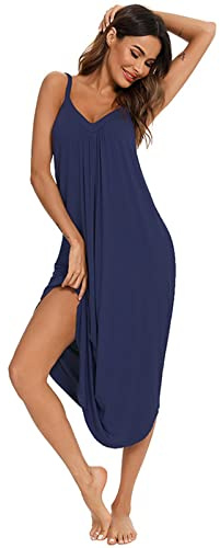 Chemise De Nuit Femme Coton Fines Bretelles Pyjama Ete Nuisette Sexy Col V Chemise de Nuit Femme Longue Robe Satin Lingerie Dentelle Elegant Vêtements Réglables Grande Taille Doux Respirant Loisirs