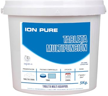 Pack de 4 Botes 4 x 5kg Tabletas Multifunción 5 Acciones Marca Ion Pure – Tratamiento Completo para Piscinas – Sin Cobre – Mantiene el Agua Clara y Transparente