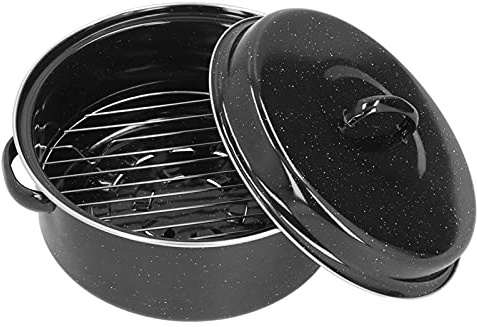 Phefop Roasting Pan with Lid, Enamel Iron Oven Roaster for Turkey Chicken Meat 11 Inch Round, Great for Holiday Cooking and Family Gatherings