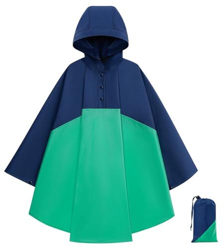 KAKU NANU Kids Rain Poncho with Hood,Waterproof Reusable Poncho Coat 3-13 Years,Lightweight Packable with Carry Pouch,Fashion Colour Block Design for Boys&Girls