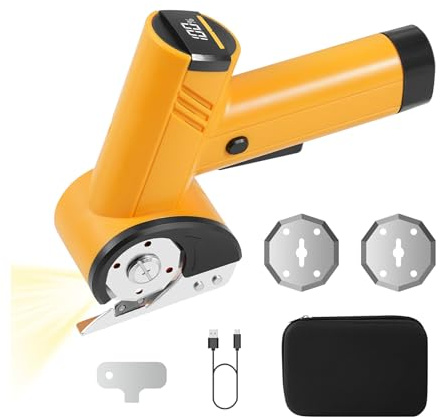 SamtuFast Cordless Electric Scissors 4-speed Adjustable with LED Smart Display, 4V Rechargeable Cardboard Cutter with Storage Box & 2 Blades, Electric box cutter for Cardboard Fabric Plastic Leather