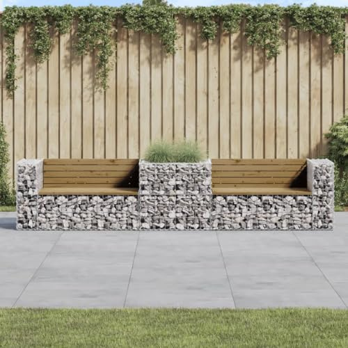 Mokuyary Trädgårdsbänk med gabion furu impregnerad sittbänk, parkbänk, balkongbänk, utomhusbänk för trädgård, terrass, balkong