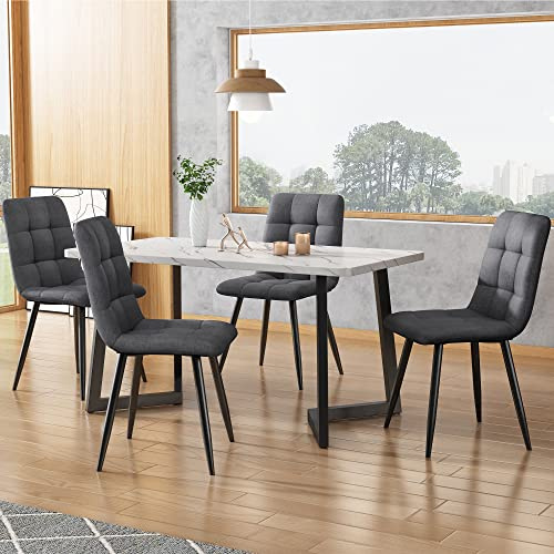 Merax Dining Table and Chairs Set 4, Modern Kitchen Table Set, Rectangular White Marble Dining Room Table 117x68x75cm&Grey linen Upholstered Dining Chairs Set of 4, Metal Legs