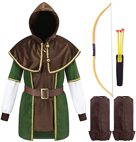 Kinder Robin Hood Kostüm mit Pfeil und Bogen | Für Jungen & Mädchen | grün, braun Größe 128/134