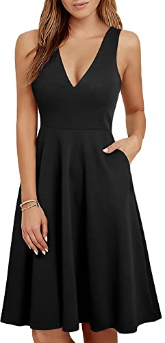 HOMEYEE Damen Elegant V-Ausschnitt Ärmelloses Einfaches Sommer Party Freizeitkleid mit Taschen A293 (S, Schwarz)