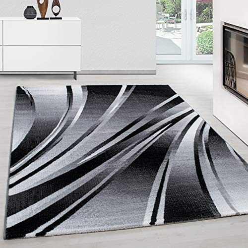 Teppium Tapis Salon Moderne Tapis Chambre Noir-1 140 x 200 cm - Tapis à Poils Courts, a Poil Ras, Conception de Vagues abstraites Moelleux et Doux - Tapis Cuisine Moquette Salle de Sejour