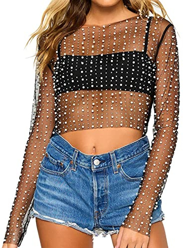 Outoshe Blusa Corta de Malla Transparente con Perlas y Diamantes de imitación Brillantes para Mujer, Negro -, 4
