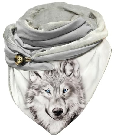 Hiseng Echarpes et Foulards Femme, Echarpe Triangle Echarpe Femme à Boutons Rétro Animaux Loup Impression Automne Hiver Chaudes Doux Châles Scarf Noël Chaude
