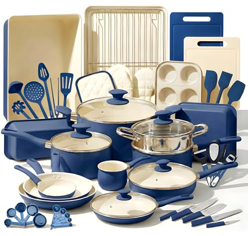 NutriChef Pots and Pans Set Non-Stick Cookware, 54-Piece Nonstick Multi-Sized Pot and Pan Sets with Lids, Kitchen, Bakeware, Induction Compatible, PFOA-Free, Blue