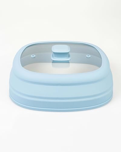 EarlyBird Cubierta cuadrada de cristal y silicona para microondas, plegable, cuadrada, tapa de cristal, cubierta protectora para alimentos, ventilada, cubierta para platos (azul paloma, 27 cm)