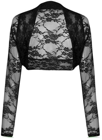Prime fashions Women’s Long Sleeve Cropped Bolero Shrug – Plain Open Front Cardigan for Party & Casual Wear (S-M, Black Lace)