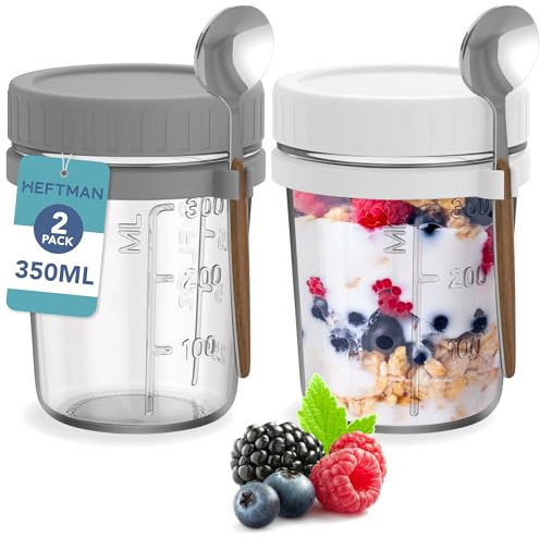 HEFTMAN Barattoli di avena in vetro con coperchi, confezione da 2 barattoli per avena da 350 ml con cucchiai, ermetici per alimenti con coperchio, per yogurt, budino di chia, 350 ml, riutilizzabili (2