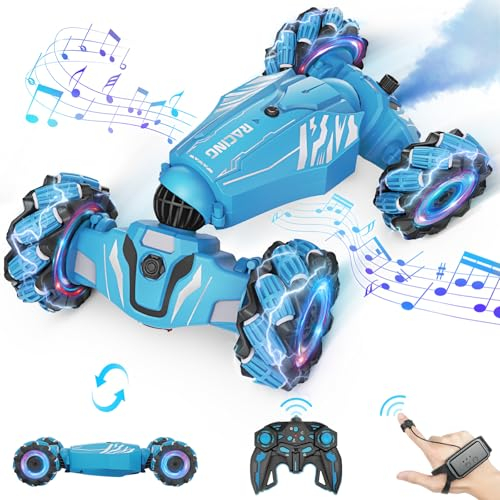 Dysaim Voiture Télécommandée Tout Terrain, 4WD Voiture Télécommandée avec la Main, 2,4Ghz 360° Rotation RC Stunt Car Musique Lumière et Spray, Cadeaux pour Garçons Filles Enfants 6 8 10 12 Ans, Bleu