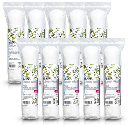 RE-GEN Cotton Wool Pads 1000pc (10x 100pc Packs) Round Super Soft Makeup Cosmetics Nail Manicure 100% Pure Natural Cotton Wool Cleansing Discs, Non-Fleecing, Gentle on Delicate Skin Re-Sealable Packet