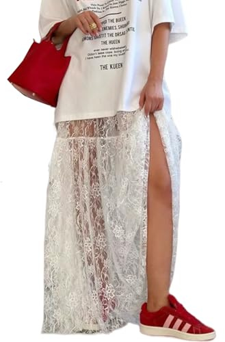 Perbai Falda sexy de encaje transparente para mujer, cintura alta, bordada floral, con volantes, acampanada, maxi falda de playa