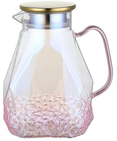 Daily Treasures Bouteille d'eau rose pour réfrigérateur, pichet en verre de 1,8 l avec couvercle, élégant pichet en verre avec couvercle pour réfrigérateur, carafe d'eau chaude et froide avec poignée,
