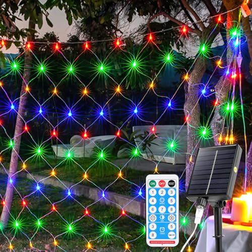 Cecaylie Solcellsnät, 2 x 2 m – 240 lysdioder belysningsnät med fjärrkontroll, 8 lägen, tidsinställningsfunktion, IP44, lämplig för bröllop och andra helgdagsdekorationer, färgglada
