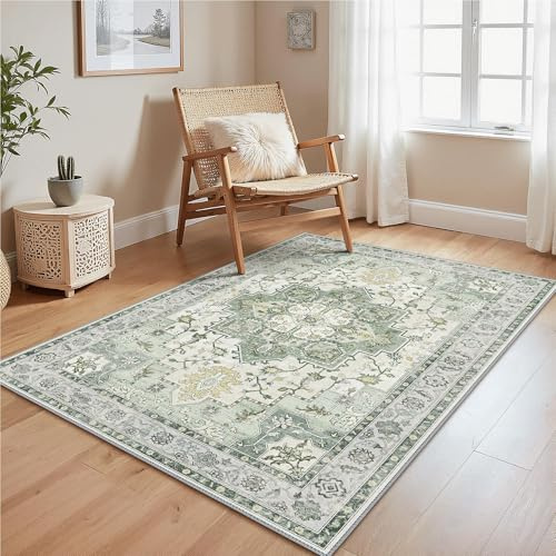 GENIMO Vintage Teppich 120x170cm, Waschbare Teppiche, Boho Teppich, Teppiche Wohnzimmer, Klein Carpet rutschfest, Schlafzimmer, Esszimmer, Büro, Grün