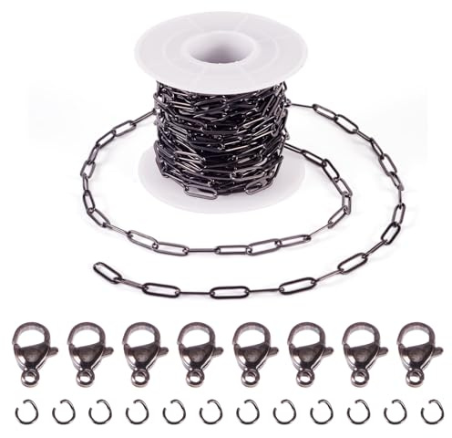 Crafans Ovala kedjehalsband, tillverkningskit, 12 x 4 mm, rostfritt stål, hantverkskedjor, svarta smycken, kedjor, set med bindringar, hummerlås, för gör-det-själv-armband, fotkedja