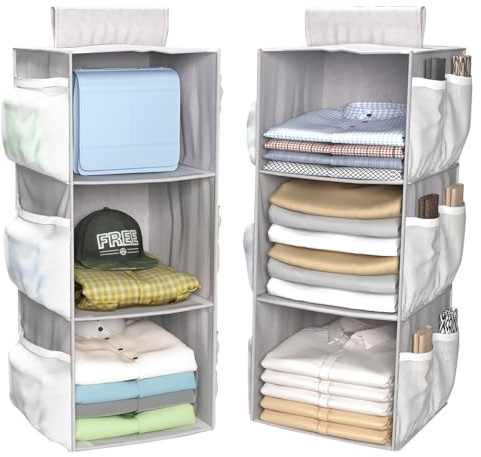 2Pcs Hanging Wardrobe Storage Organisers 3 Shelves, XingyLi Foldable Hanging Closet Organiser with Side Pockets, Space-Saving, Grey Fabric Clothes Storage Shelves Units for Bedroom for Bag Shoes Socks