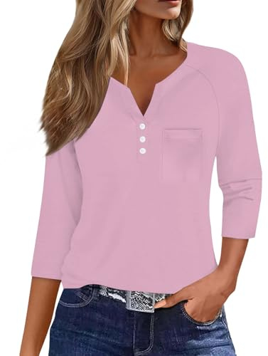 T-shirt dam 3/4-ärm elegant skjorta bomull v-ringad t-shirts sommar topp enfärgad basic skjortor med knappslå långärmad tröja halvärm t-shirt Henley skjorta långa skjortor