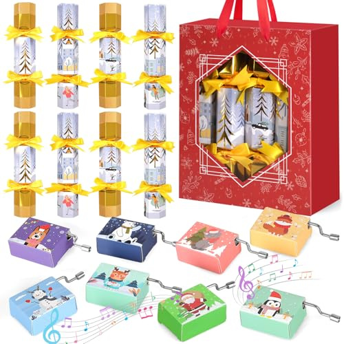 iZoeL 8 Pack Music Christmas Crackers Hand-Crank Music Boxs Christmas Crackers 2025 Xmas Party Table Decorations - Xmas Gifts for Men Women Teenager Girls - No Snap