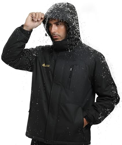 Mnking Giacca Sci Uomo Pile Impermeabile Giacca Montagna Trekking Softshell Invernale Antivento Calda Giubbotto Neve Cappotto con Cappuccio All'aperto CFY226M-Black-L