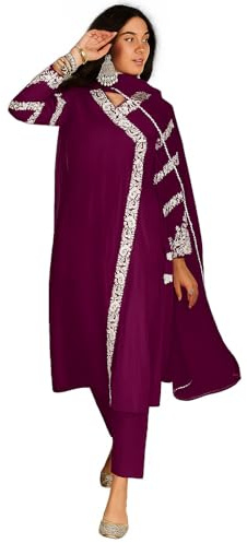 ELEGANZA FASHION Women’s 3-Piece Suit Set Embroidered Kurta with Pants & Dupatta | Festive & Traditional Indian Ethnic Wear (Wine, Medium)