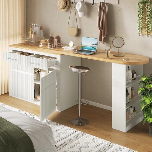 DUlVBPE Utdragbart barbord med förvaringsutrymme (137–215 × 39 × 102,3 cm), modernt rörligt barbord, teleskopiskt barbord med en låda och två hyllor, högbord köksö bistrobord, vit