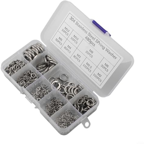 Eawfgtuw Lot de 480 rondelles de verrouillage à ressort en acier inoxydable avec 9 tailles pour boulons et vis, M2/2,5/3/4/5/6/8/10/12, rondelles fendues anti-lâche pour la construction