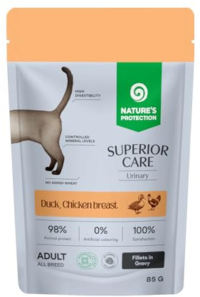 Nature’s Protection Superior Care Comida Húmeda Completa para Gatos Adultos en Bolsitas, Hipoalergénica con Pato, Pechuga de Pollo y Arándanos Rojos, Soporte Urinario, 12 x 85 g