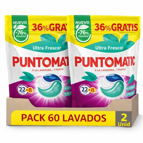 PUNTMATIC | Ultra Frescor 22+8 Detergente Lavadora en Cápsulas Tricámara | Pack de 2 Unidades | Ropa Blanca y de Color, Acción Quitamanchas, Limpieza Profunda y Frescor Duradero