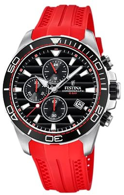 Festina Uhr Für Herren F20370/3 Outlet Silber Edelstahl Case RotSilikon Band
