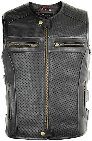 MDM Chaleco Moto Hombre De Cuero Perforado Negro - Chaleco Cuero Hombros Acolchados, Cremallera Frontal, 6 Bolsillos Y Correas Laterales Ajustables, Estilo Biker - Chaqueta Moto Hombre Sin Mangas