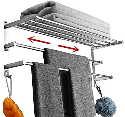 Barra portasciugamani estensibile 40,7 – 71,5 cm in acciaio inox resistente per bagno, montaggio a parete, senza fori di montaggio, installazione per WC, cucina, salvaspazio a 3 strati