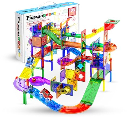 PicassoTiles PTG108 Ensemble de 108 pièces magnétiques en marbre avec tuiles de construction et toboggans de voiture pour enfants à partir de 3 ans