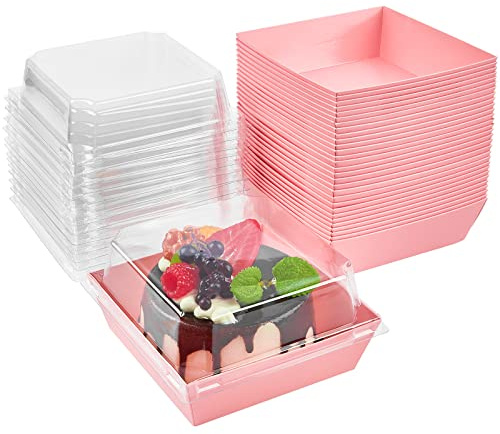 Kucoele 50 Pack Small Charcuterie Boxes with Clear Lids, 4 Inches Paper Bakery Boxes Dessert Boxes Disposable To Go Food Containers for Cookie, Cake Slice, Mini Cake, Chocolate Strawberry (Pink)