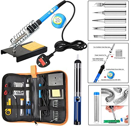 True Face Soldering Iron Kit, 15 in 1, 60W, Adjustable Temp 200-450°C Welding Gun, Desoldering Pump, 5 Tips, Stand, Cleaning Sponge, Tweezers, Wire Stripper Cutter, Carry Bag