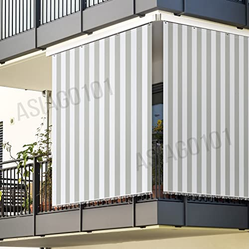 Toldo de sombreo casa Oficina con Kit Ganchos Anillas Tejido Resistente antidesgarros para Exterior Porche balcón Puerta Ventana jardín cenador Lavable Color Gris y Blanco a Rayas 145 x 250 cm (9)