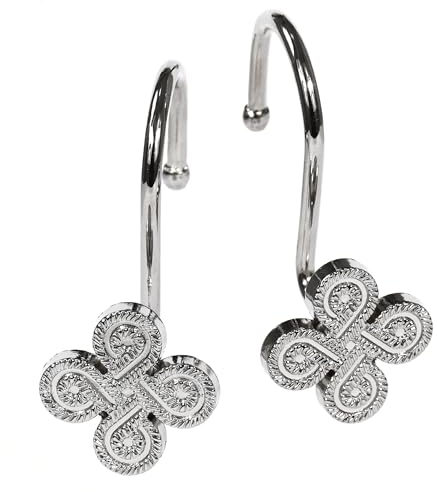 Nickel Shower Curtain Hooks Rings: Silver Rust Proof Metal Shower Hooks for Bathroom - Flower Clover Designed Decorative Curtain Rings Hangers for Shower Rod - Set of 12