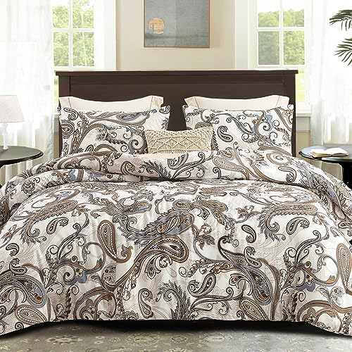 Whale Flotilla Bettdecke in 220x230 cm, Atmungsaktive und Weiche Steppdecke Schlafdecke für 4 Jahreszeiten mit 2 Kissenbezügen, Beige Paisley