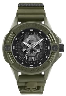 Philipp Plein The $Kull ECOCERAMIC - Orologio analogico al quarzo da uomo, in silicone, verde, Bracciale