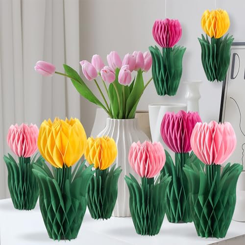EASY JOY 8PCS Flower Honeycomb Decorations Tulips Flower Table Centerpieces Spring Summer Flower Decoration for Table Orange Pink Flower Centerpieces Birthday Mother's Day Garden Decorations