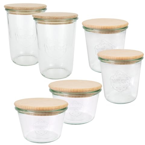Weck Gläser Set (6 Einmachgläser, 2x 250 ml, 2x 500 ml, 2x 750 ml mit Holzdeckel, zum Einmachen/Aufbewahren von Lebensmitteln) 79213, Klar